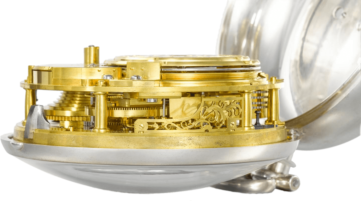 H5 with its silver case swung open, seen from the side: a stack of gilded brass plates and wheels, the fusee and its chain, a pierced and engraved bridge, cradled in the polished case.