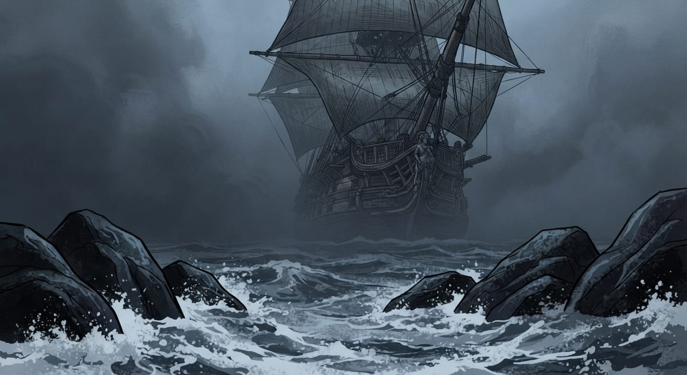 A square-rigged warship under storm canvas looms out of thick grey fog, close on jagged black rocks with white water breaking around them.