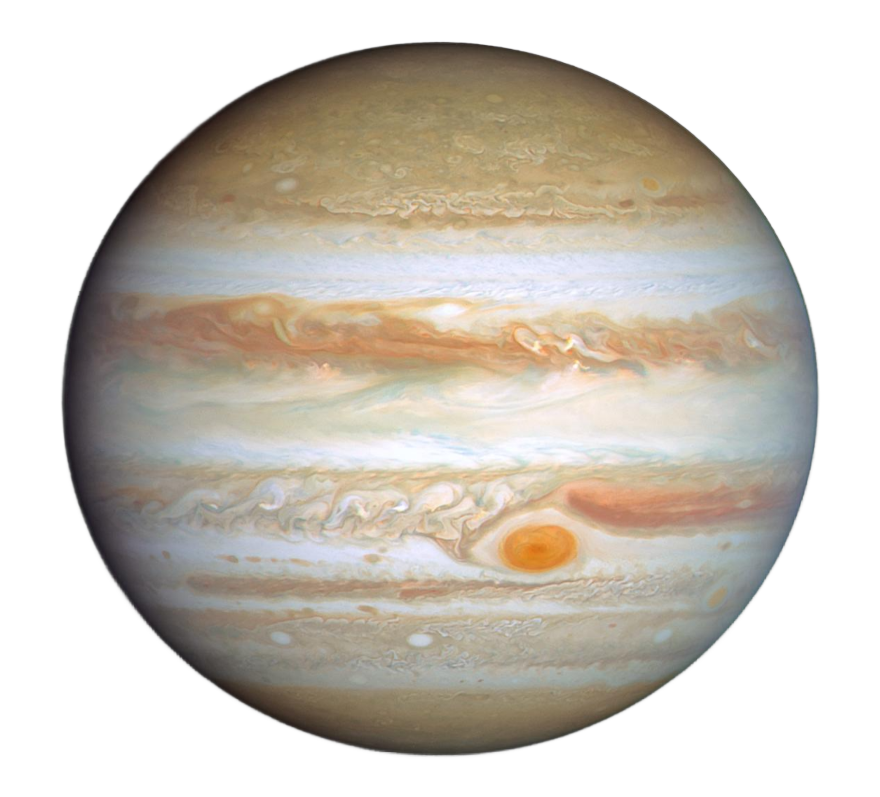 The planet Jupiter, banded in cream and rust with the Great Red Spot, imaged by the Hubble Space Telescope.