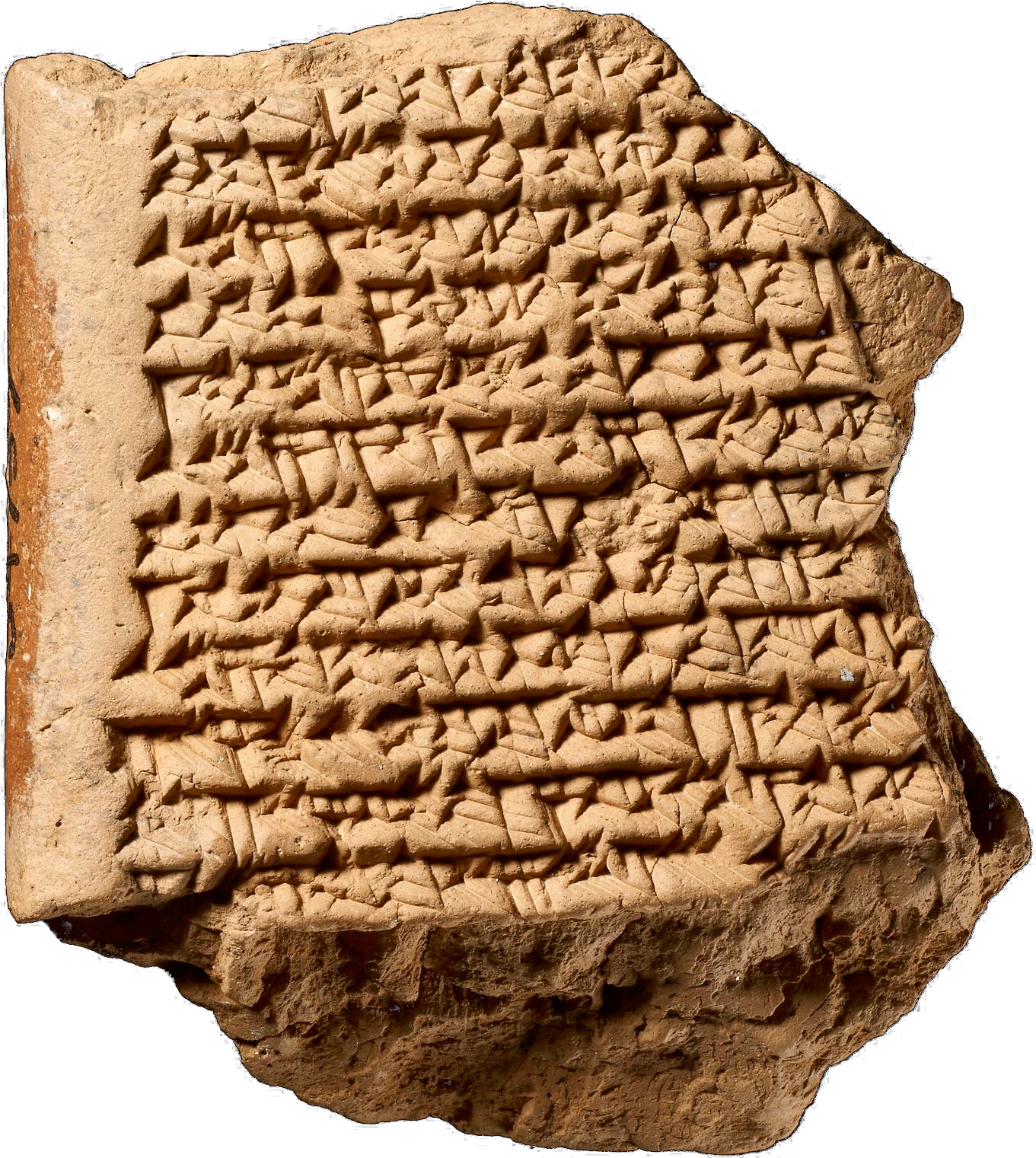 A Late Babylonian clay tablet densely inscribed with cuneiform, a procedure text for Jupiter including the geometry of a trapezoid.