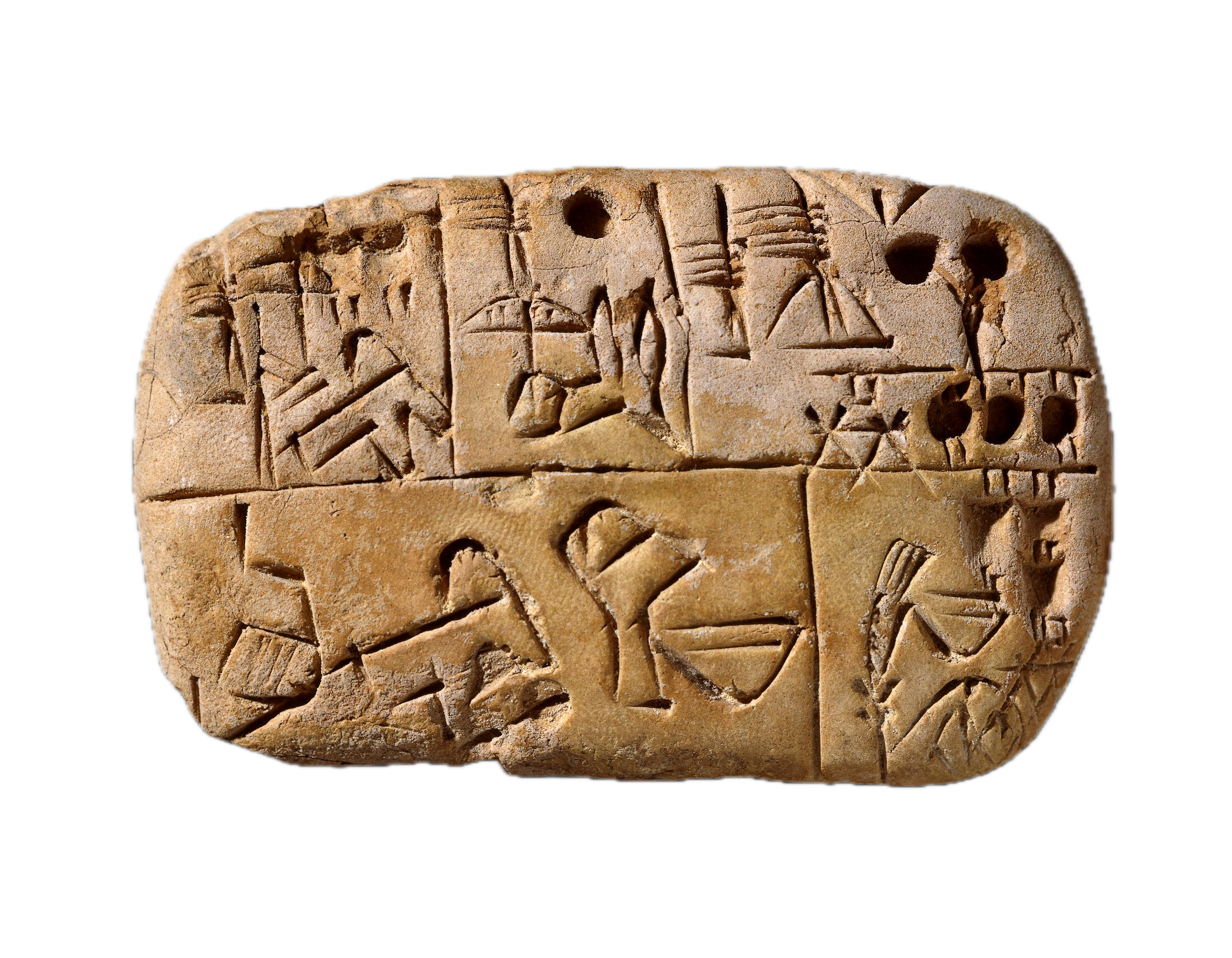 An early cuneiform clay tablet recording an allocation of rations, its surface divided into ruled compartments.