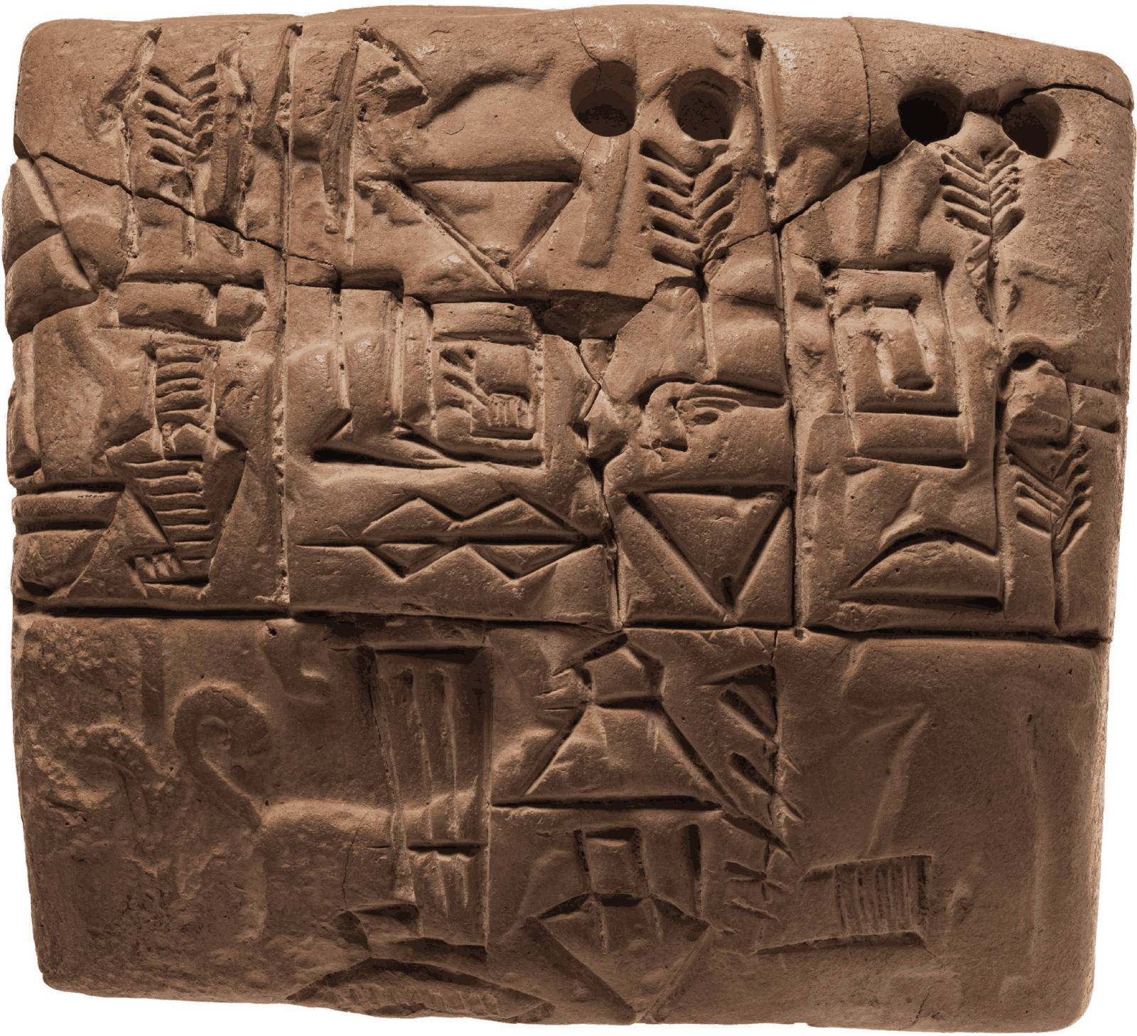 A proto-cuneiform clay tablet incised with pictographs, wedge marks and round numerical impressions, recording a barley account.
