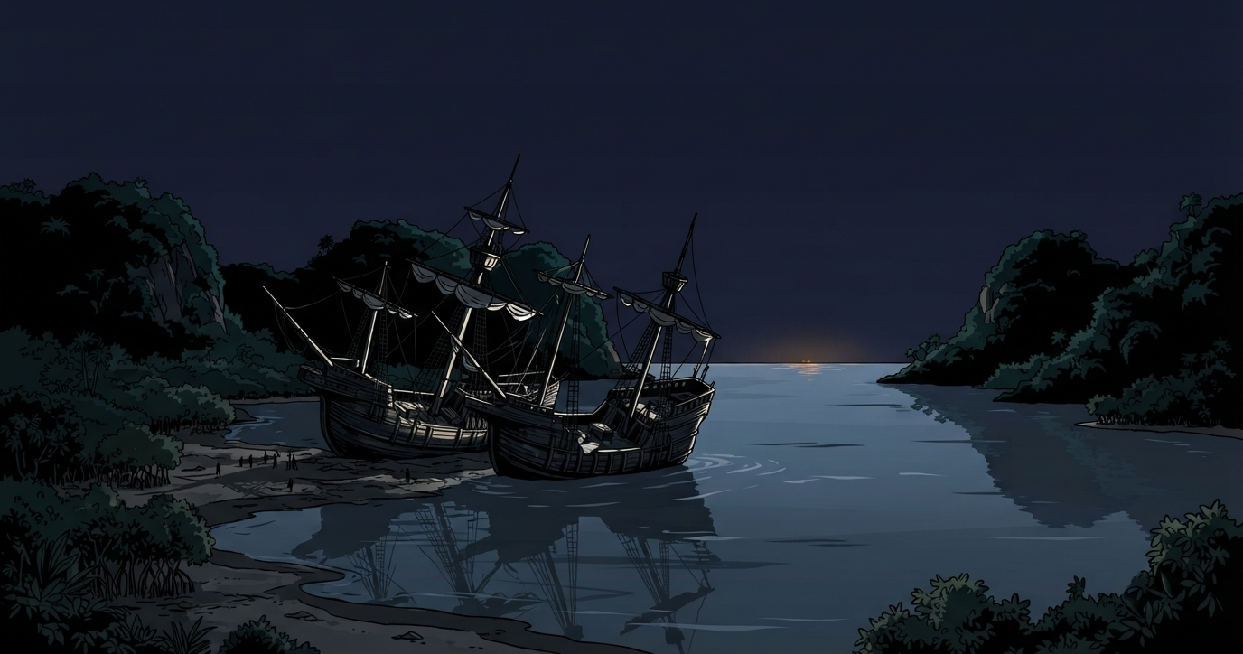 A graphic-novel rotoscope night scene: two 16th-century caravels run aground in a still, moonlit Jamaican bay, dark jungle headlands to either side, an eclipsed moon darkening to bruised red in the upper-left sky.