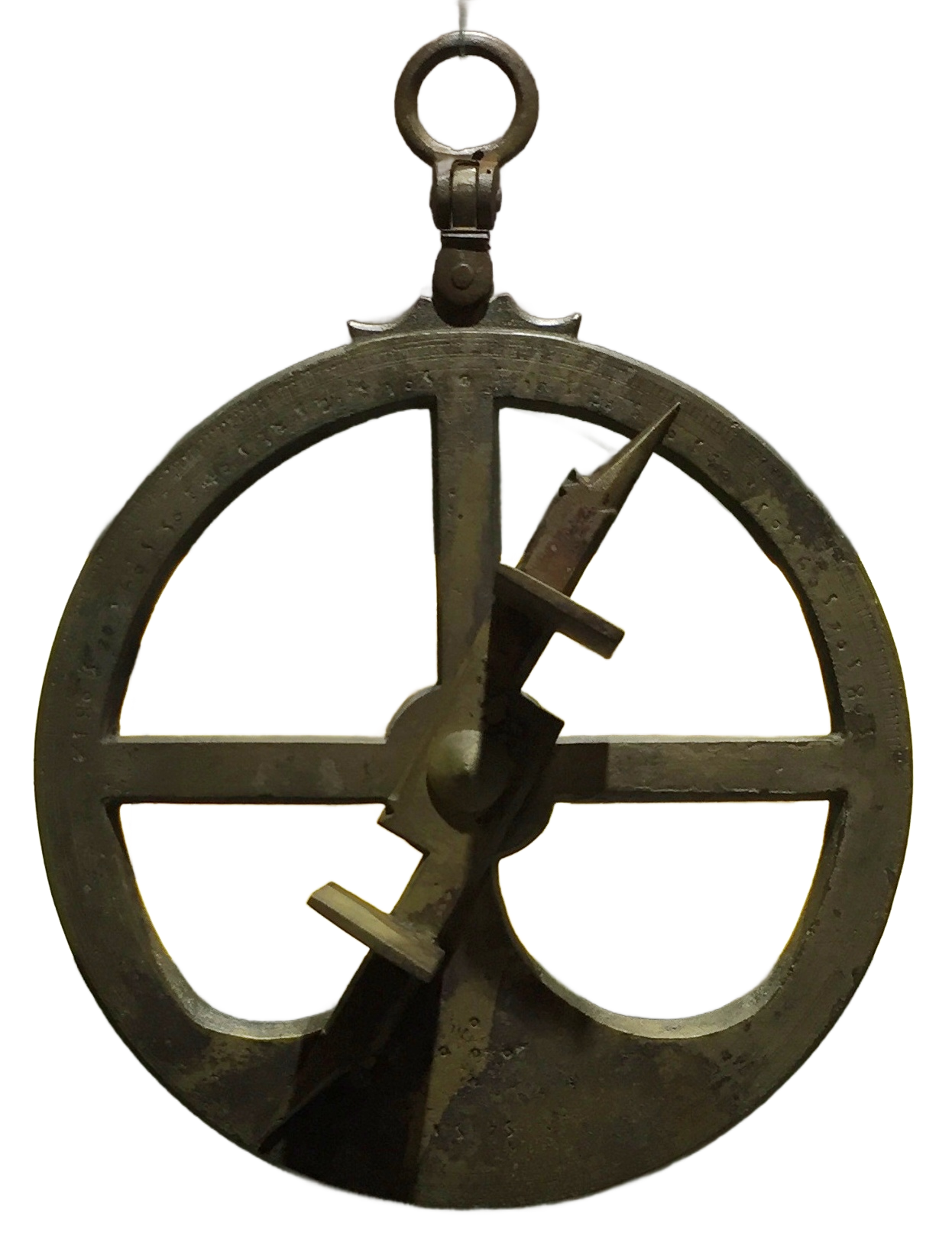 A heavy open bronze mariner's astrolabe: a graduated ring with a suspension loop at the top and a pivoting sight-bar across the centre, isolated on the dark ground.