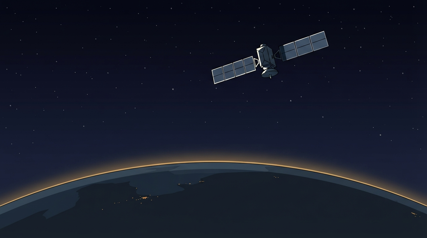 A graphic-novel rotoscope view from orbit: a single navigation satellite with two solar-panel wings against a starfield, the curve of the Earth below at night with a thin amber band of atmosphere along the horizon.