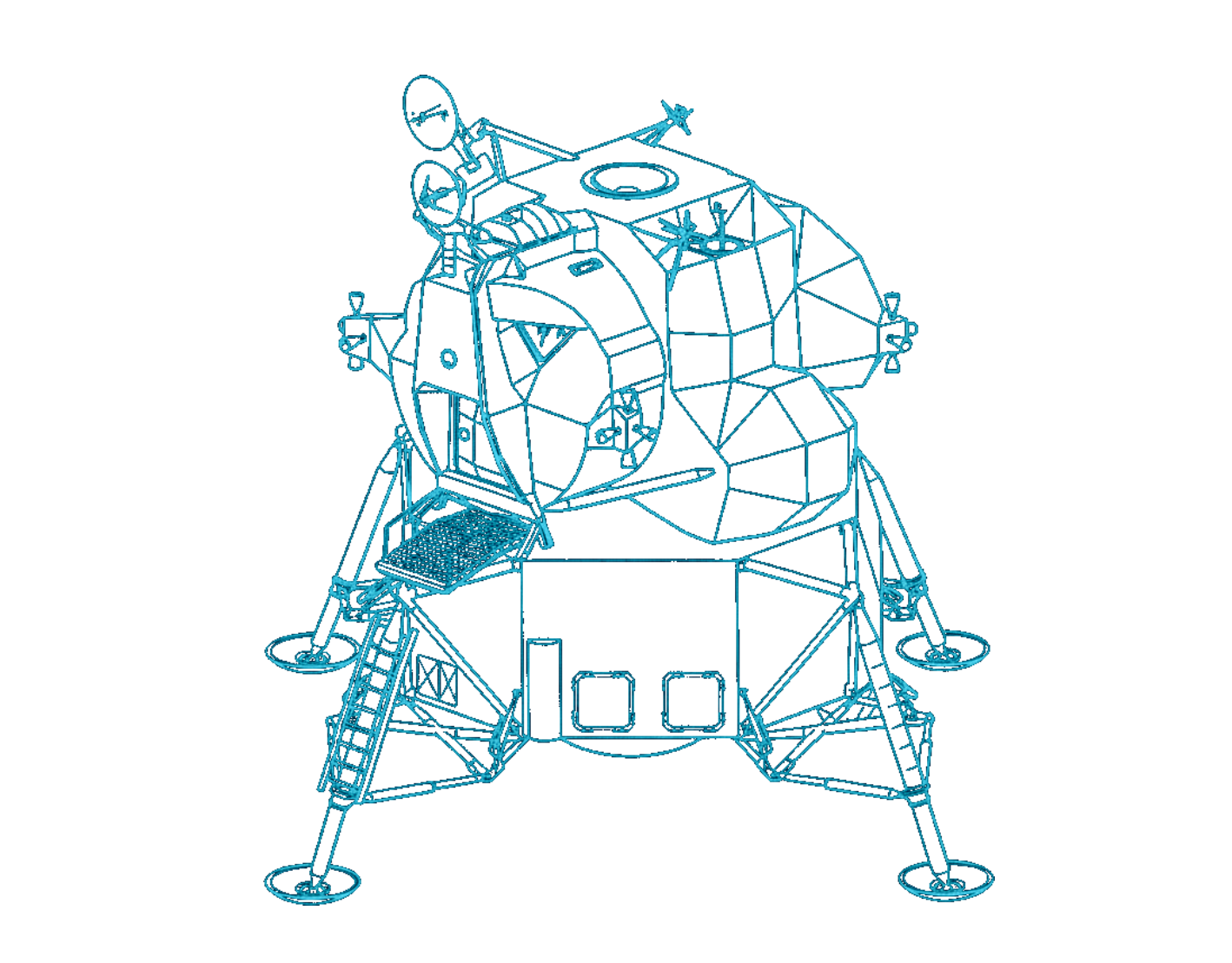 Blueprint schematic of the Apollo lunar module: the ascent stage with its hatch and docking target above, mounted on the four-legged descent stage with its ladder and landing pads