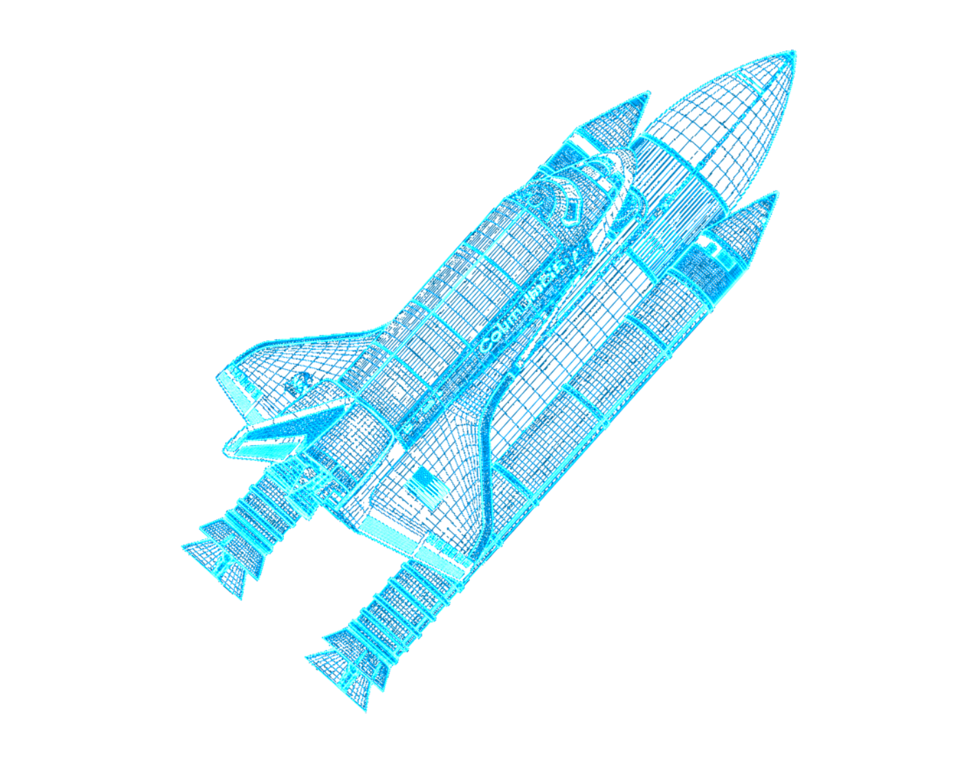 Blueprint schematic of the Space Shuttle launch stack: the winged orbiter with Columbia on its fuselage, mounted against the external propellant tank with a solid rocket booster on either side