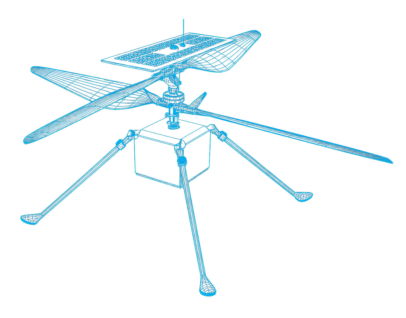 Blueprint schematic of Ingenuity: two coaxial rotors above a boxed fuselage, with the solar panel on its mast above them and four landing legs below