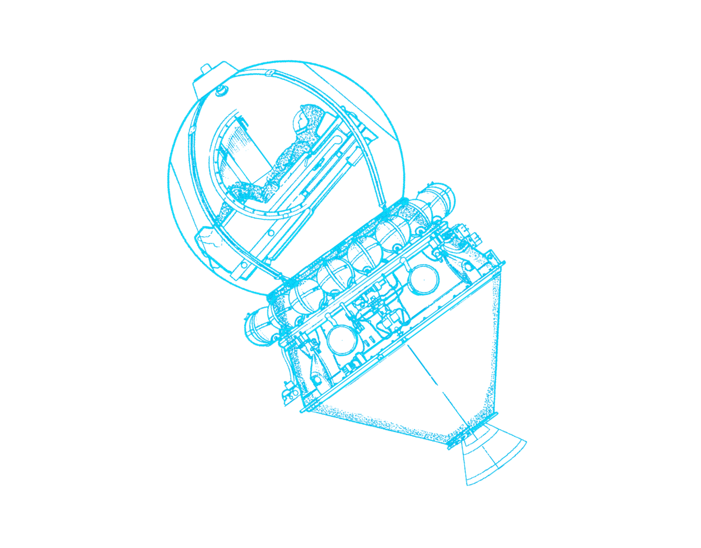Blueprint schematic of Vostok 1: a spherical descent module with its hatch open, joined to the instrument module and its retrorocket
