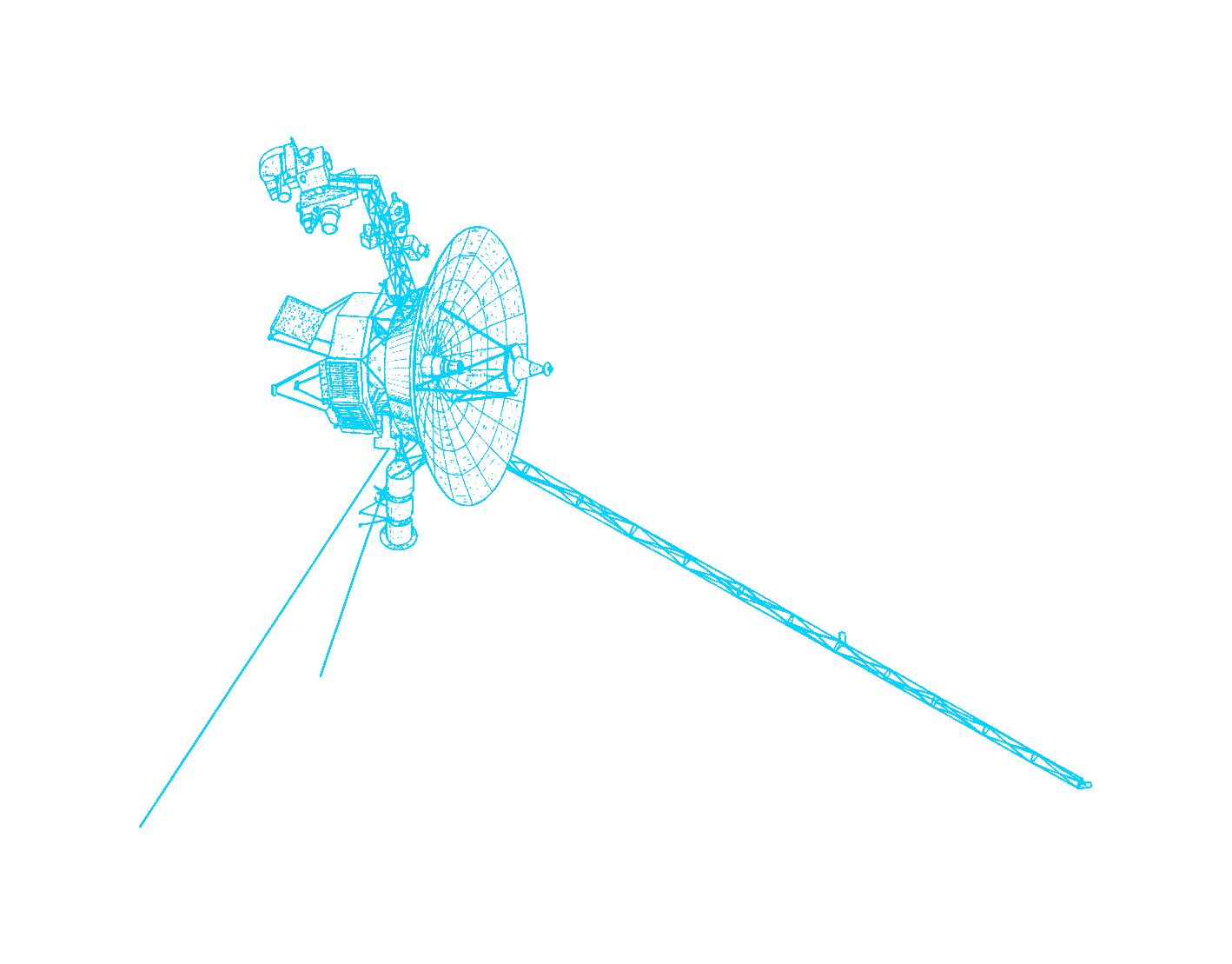 Blueprint schematic of Voyager 1: the high-gain dish antenna above a ten-sided instrument bus, with the magnetometer boom and the radioisotope generators extending to one side